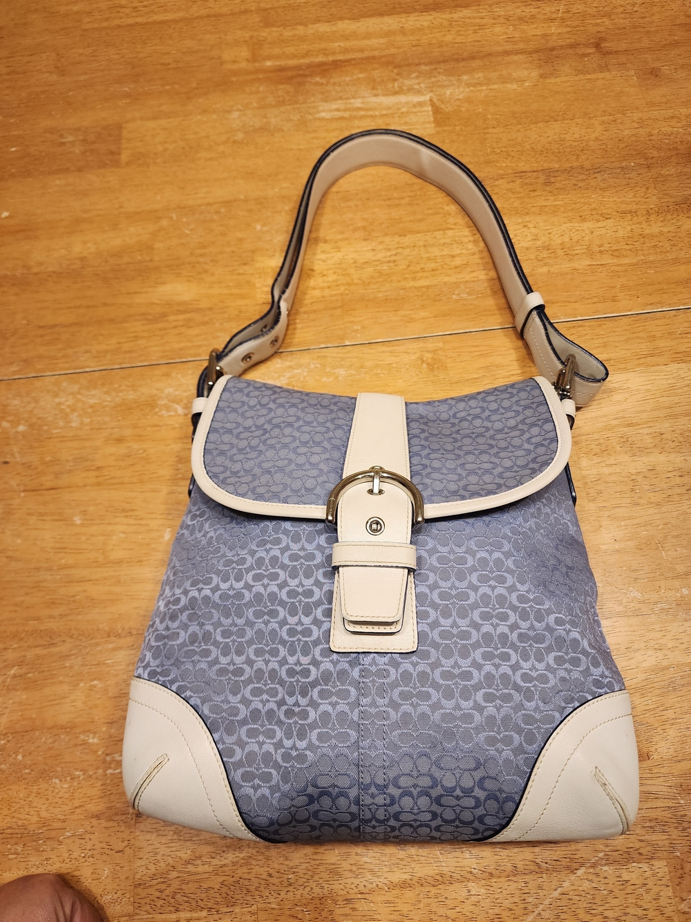 vintage 2003 Coach Soho Signature Buckle Flap Hobo Bag in icy/sky blue jacquard